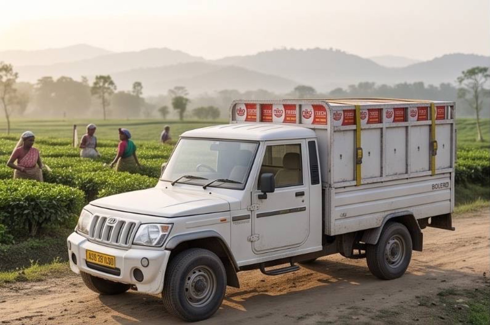 A NIKO delivery pickup loaded with NIKO cartons beside a tea garden in Assam