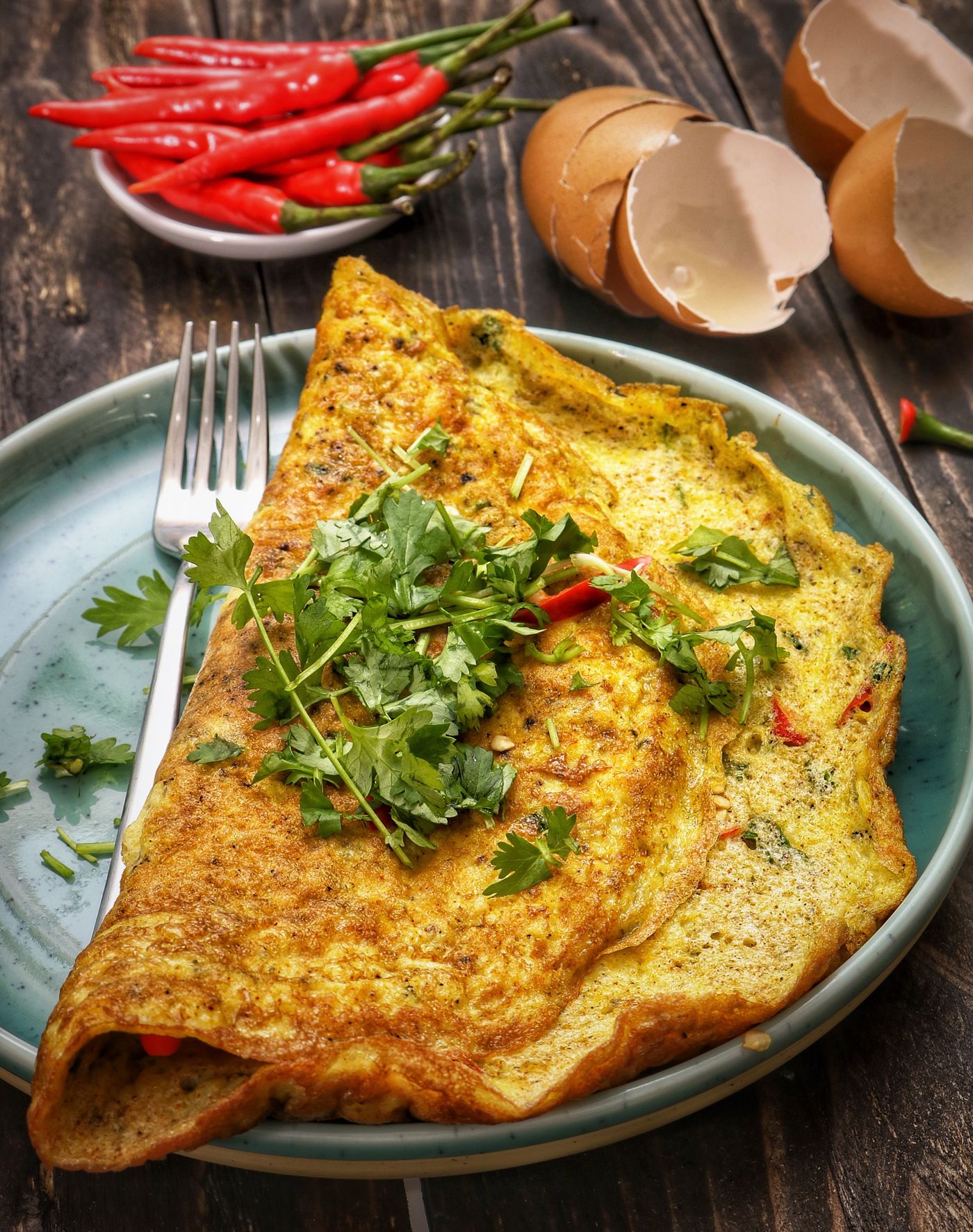 Masala omelette with green chillies and coriander